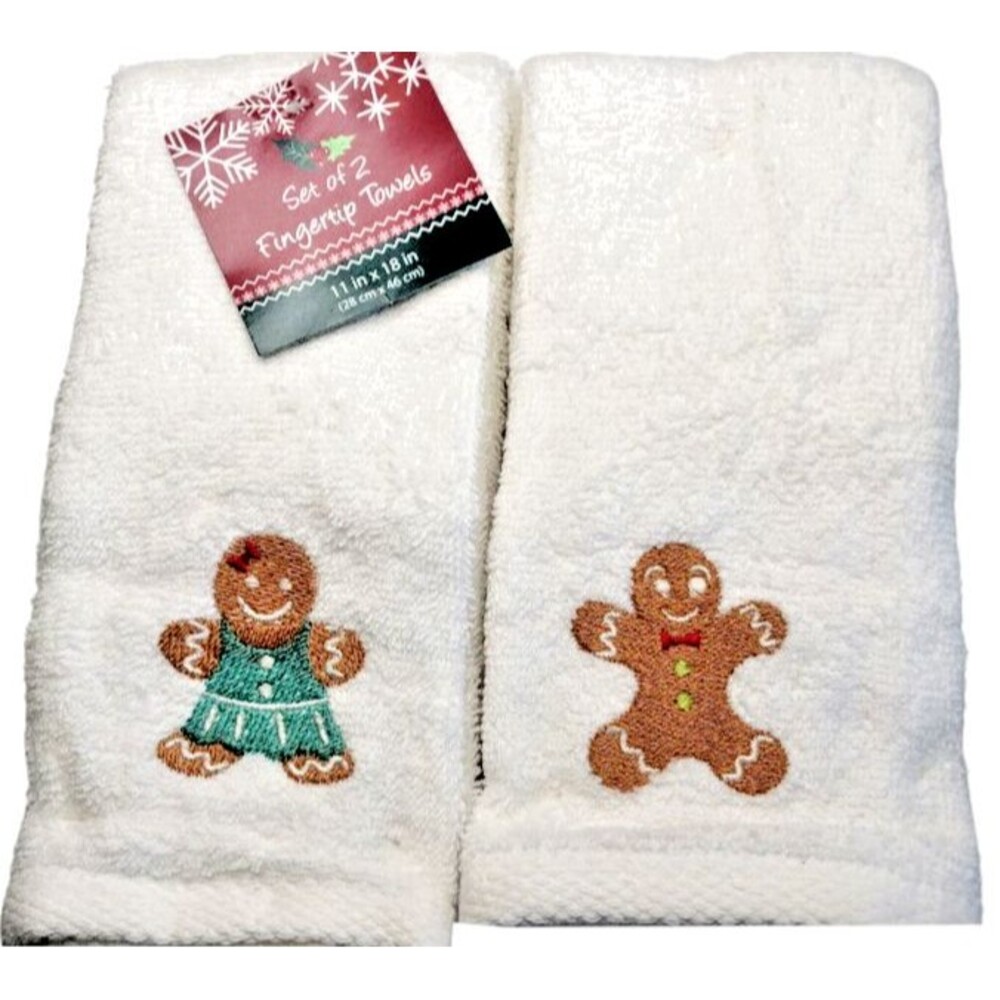 Gingerbread Man and Girl Christmas Fingertip Towels Embroidered White Set of 2